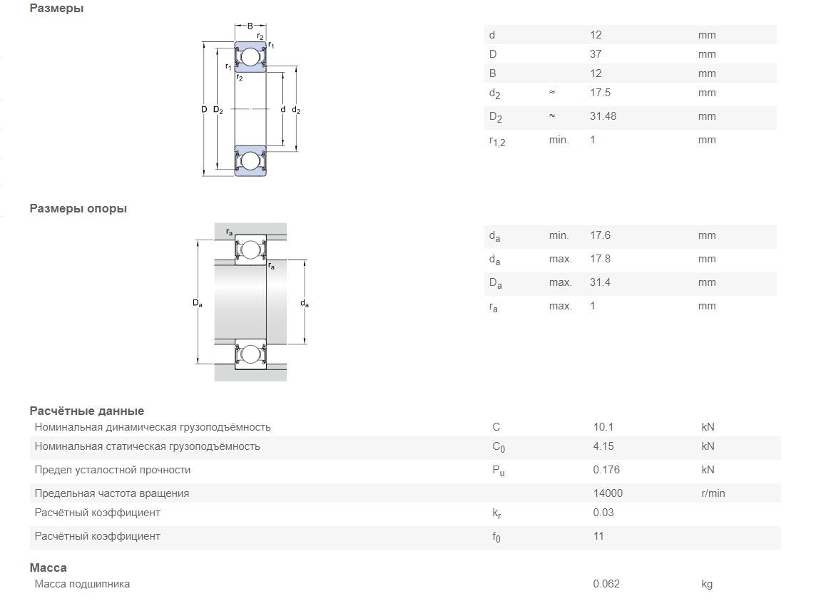 Подшипник  SKF 6301-2RSH/C3