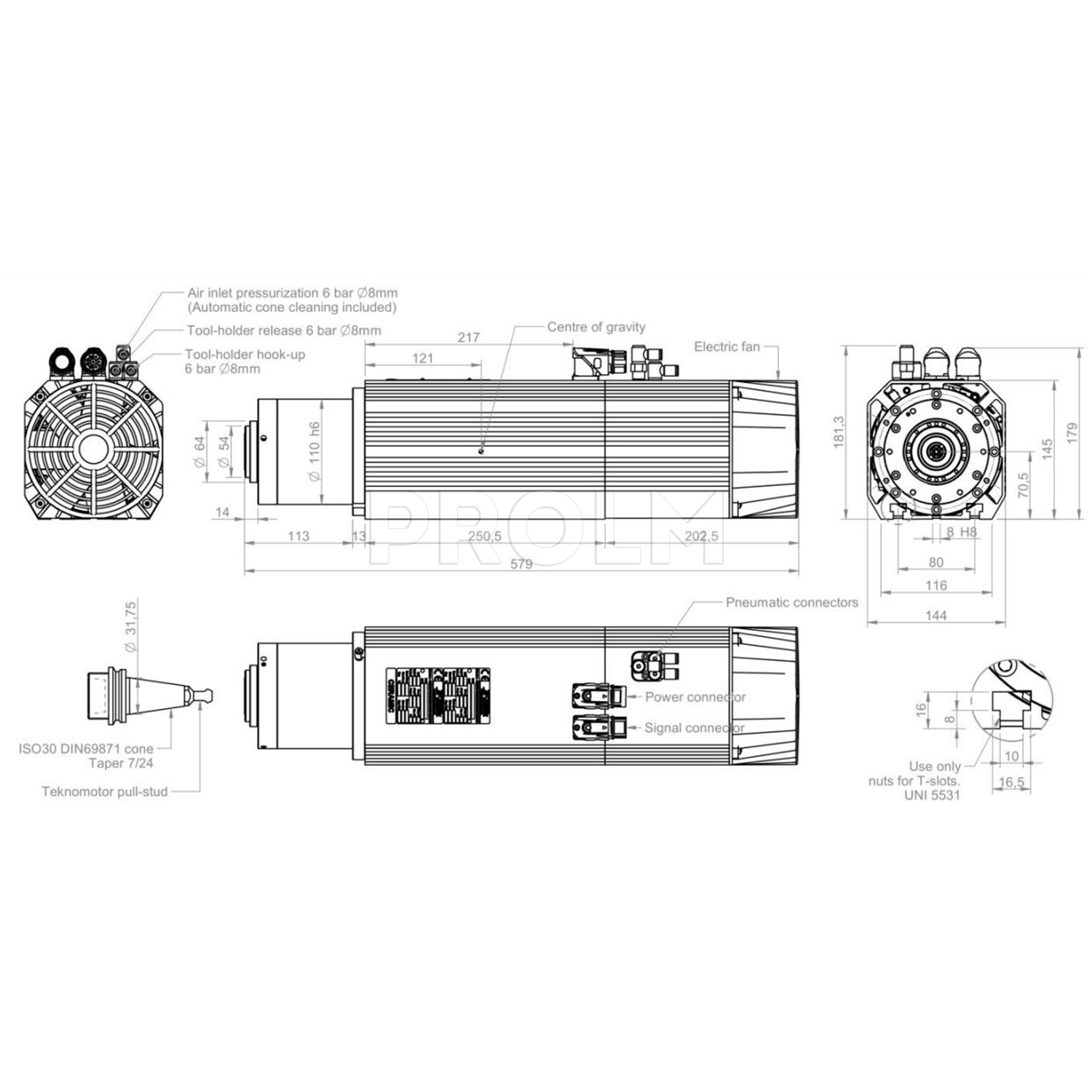 Электрошпиндель с автоматической сменой инструмента 5,5 /6,6 кВт  TEKNOMOTOR ATC71-B-ISO30-LN