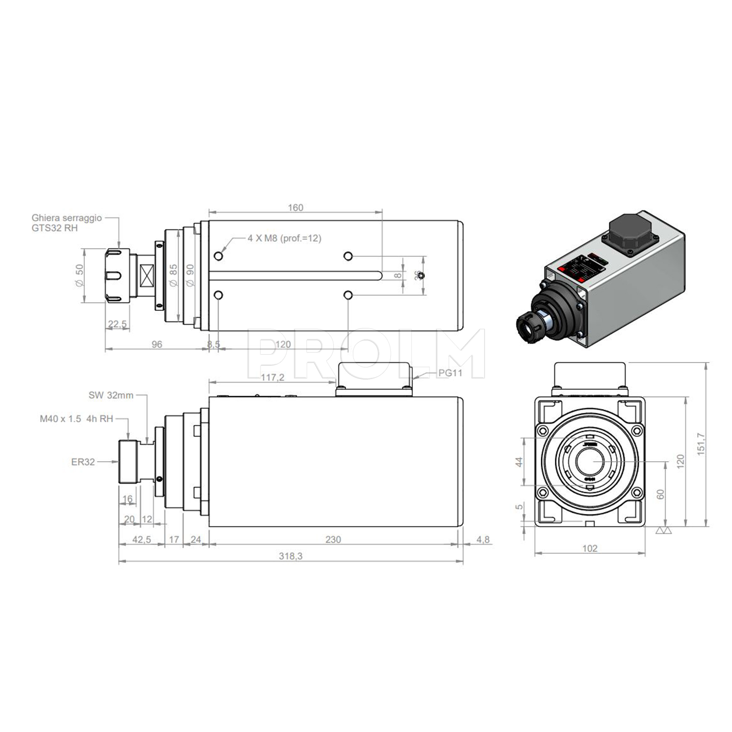 Электрошпиндель 4,5 кВт  TEKNOMOTOR C5160-B-DBS-P-ER32-HY-RH (COM51600380)