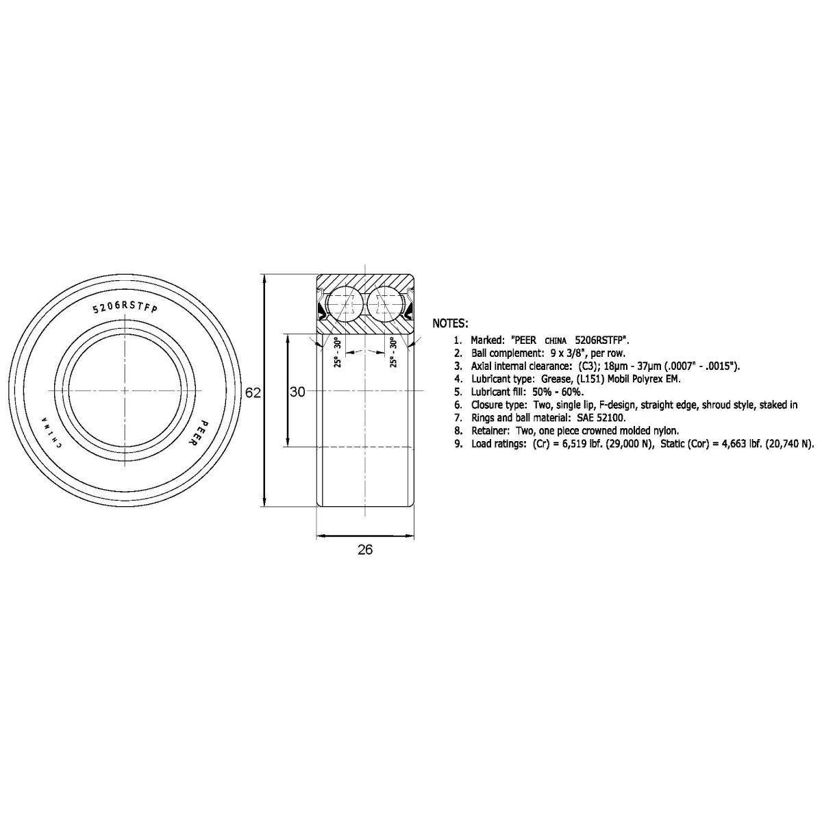 Подшипник  PEER PER.5206-2RSTFPC3F6-A (30x62x26) Pack 3